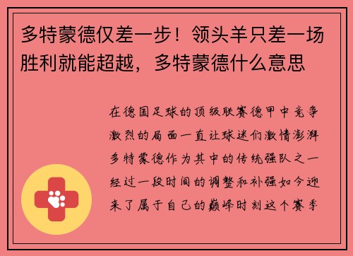 多特蒙德仅差一步！领头羊只差一场胜利就能超越，多特蒙德什么意思
